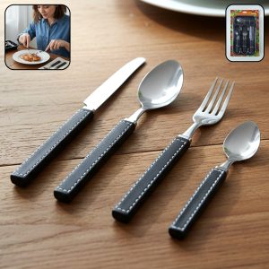 Premium Stainless Steel Kitchen Plastic Handle Cutlery Set With Tray (24 Pc Set)