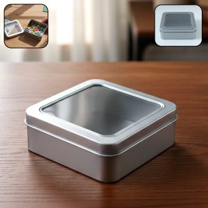 Square Metal Storage Tin Box with Transparent Window Lid (1 Pc, 9.5 x 9.5 Cm)