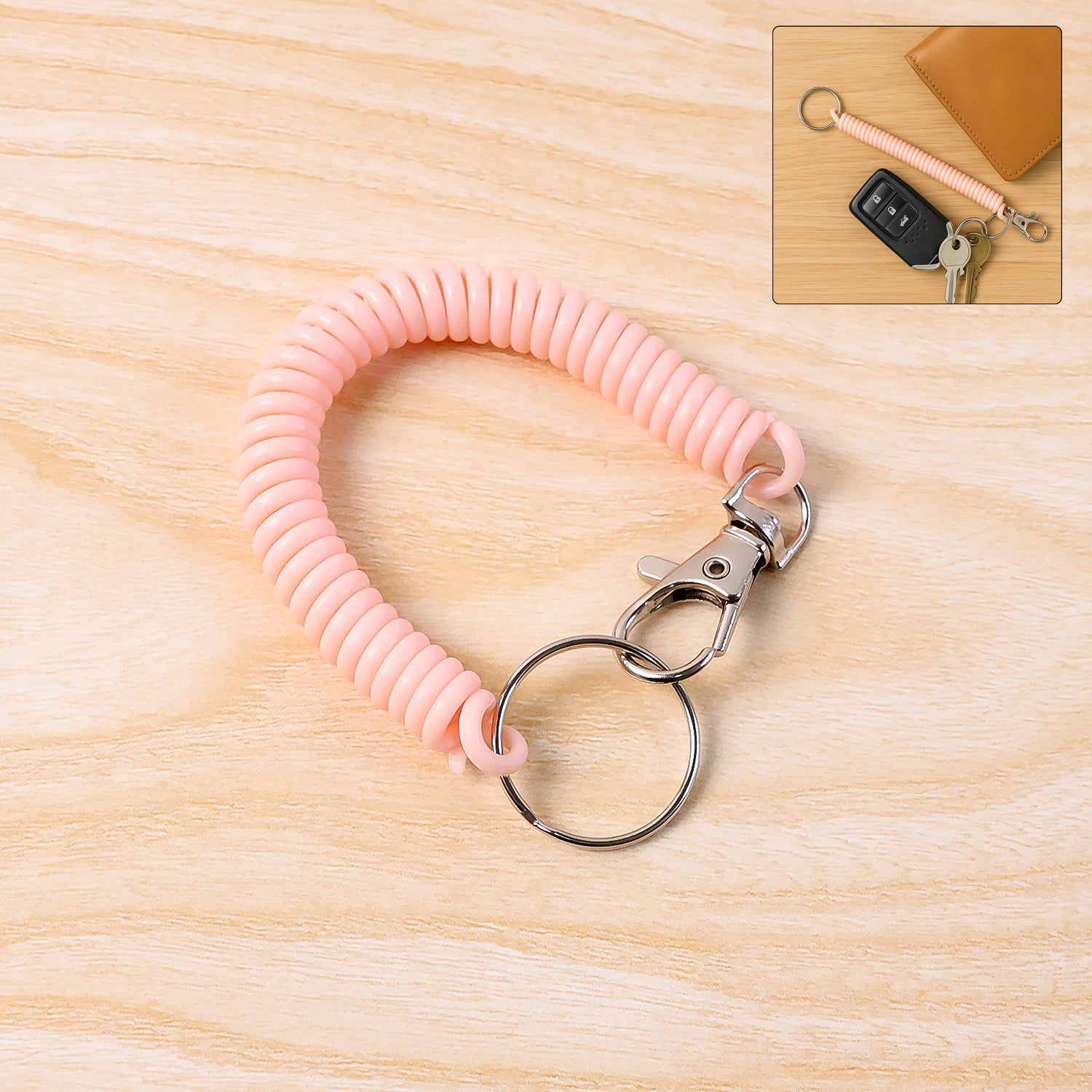 Elastic Spiral Coil Keychain Bracelet with Metal Key Ring and Clip Hook (1 Pc)
