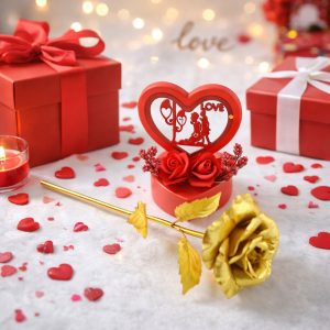 Heart Love Decorative Showpiece with Golden Rose Flower Gift Set (2 Pc)