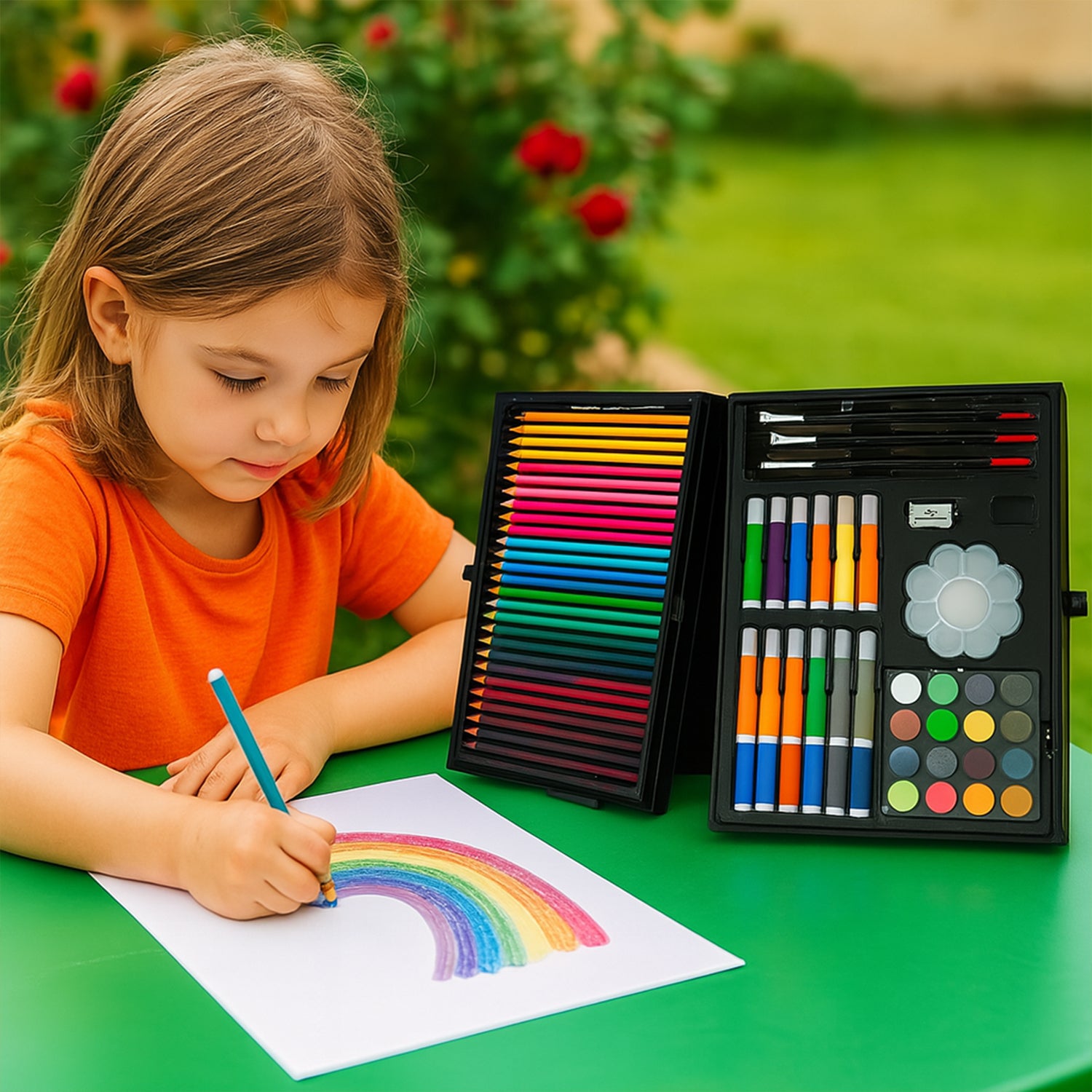 17980 Professional Art Set-Drawing Painting Sketching Coloring Kids Set All in 1 Art Case Perfect for Kids with Unicorn Design Case, Shading Crayons Oil Pastels Color Set Watercolor Cakes Paint Brush Sharpener Eraser (145 Pcs Set)