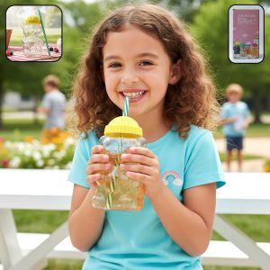 Cute Glass Bear Shape Kids Drinking Cup Bottle with Straw (1 Pc, 350 ML)