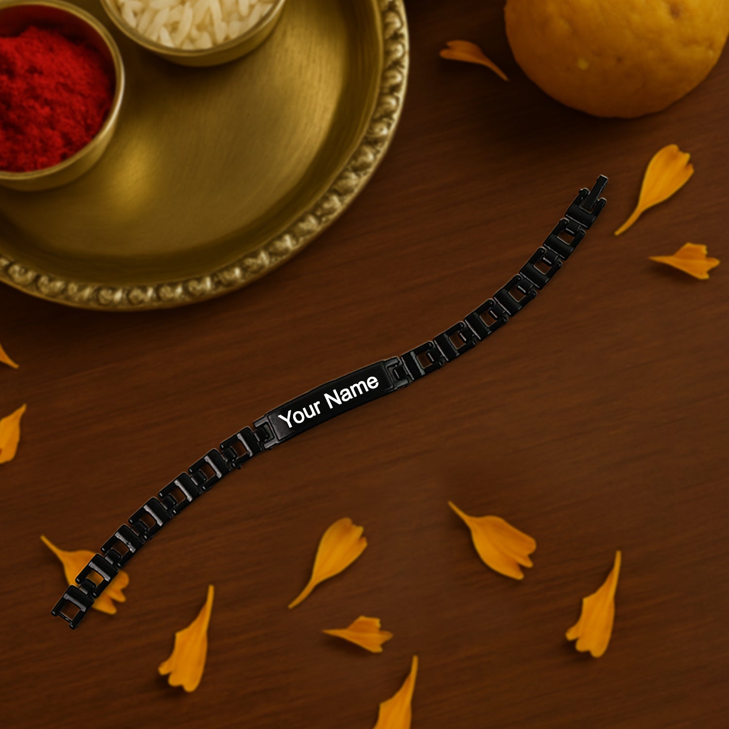Custom Black Metal Name Bracelet – Personalized Engraved Chain for Men