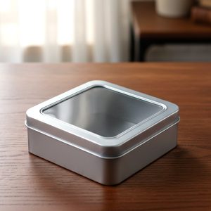 Square Metal Storage Tin Box with Transparent Window Lid (1 Pc, 9.5 x 9.5 Cm)