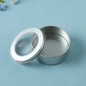 Round Metal Storage Tin Box with Transparent Window Lid (1 Pc, 9.5 x 9.5 Cm)