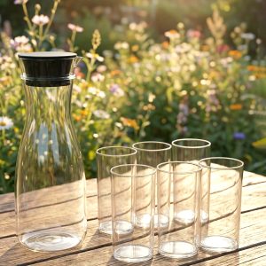 Prexo Plastic Water Jug and Drinking Glass Set (1 Jug 1000ML, 6 Glasses 300ML)