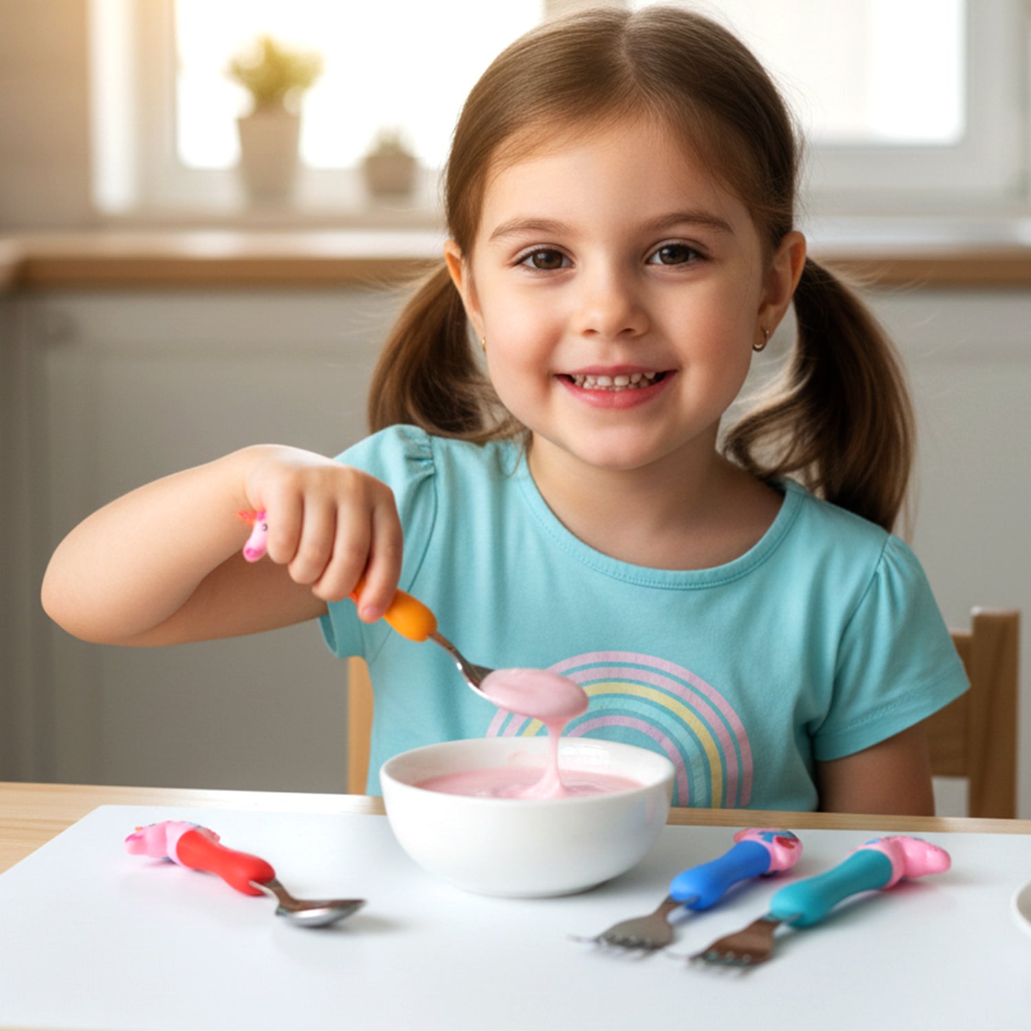 Unicorn Theme Kids Spoon and Fork With Plastic Handle Set (4 Pc Set) - Image 3