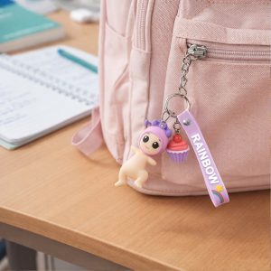 Cute Doll & Cupcake Keychain with Rainbow Strap (1 Pc)