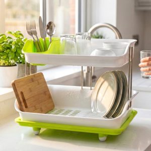 Prexo 2 Layer Kitchen Dish Drying Rack with Drain Tray (1 Set)