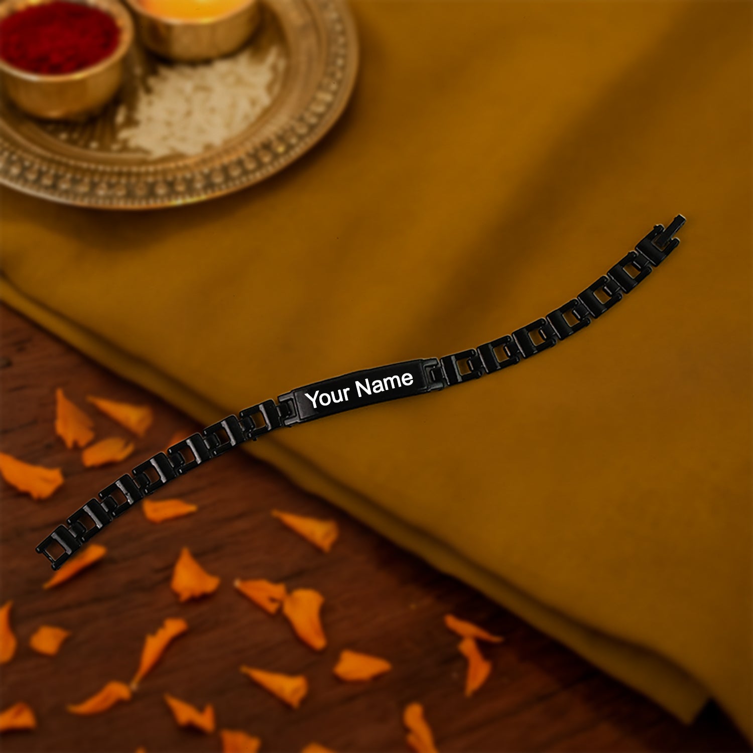 Custom Black Metal Name Bracelet – Personalized Engraved Chain for Men