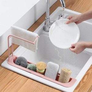 Kitchen Sink Organizer Rack with Towel Holder & Drain Tray (1 Pc)