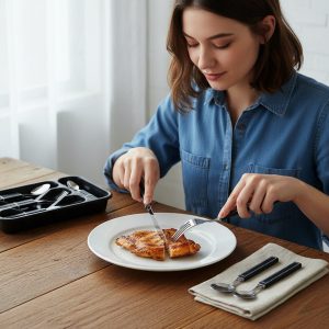 Premium Stainless Steel Kitchen Plastic Handle Cutlery Set With Tray (24 Pc Set)