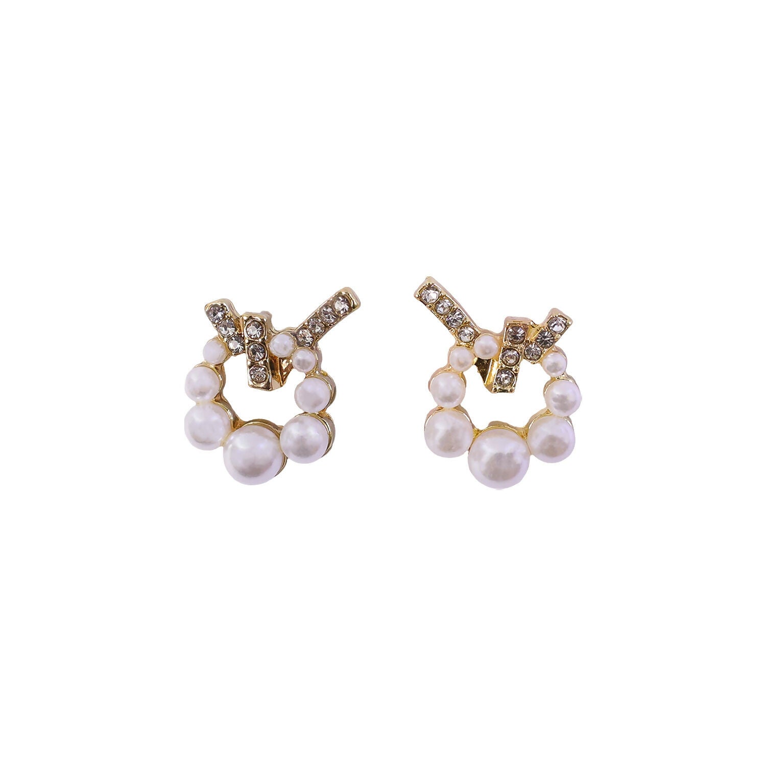 Korean Geometric Crystal Cross & Pearl Wreath Studs For Girls And Women - Image 5