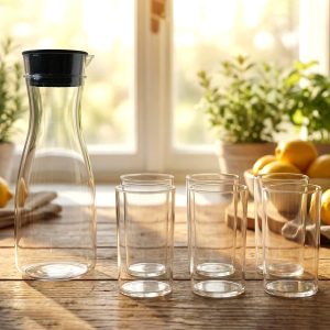 Prexo Plastic Water Jug and Drinking Glass Set (1 Jug 1000ML, 6 Glasses 300ML)
