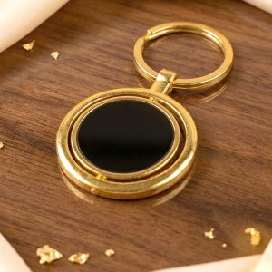 Gold Plated Keychain with Black Round Pendant Rotating (1 Pc)