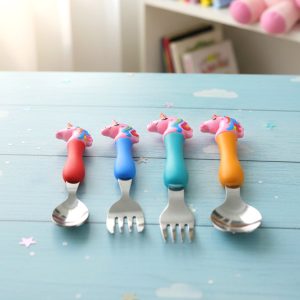 Unicorn Theme Kids Spoon and Fork With Plastic Handle Set (4 Pc Set)