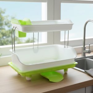 Prexo 2 Layer Kitchen Dish Drying Rack with Drain Tray (1 Set)