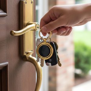 Gold Plated Keychain with Black Round Pendant Rotating (1 Pc)