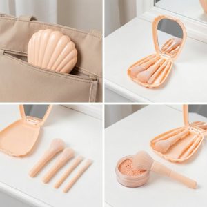 5 in 1 Makeup Brush Set with Mirror Box – Compact Cosmetic Kit