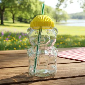 Cute Glass Bear Shape Kids Drinking Cup Bottle with Straw (1 Pc, 350 ML)
