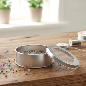 Round Metal Storage Tin Box with Transparent Window Lid (1 Pc, 9.5 x 9.5 Cm)