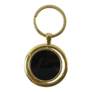 Gold Plated Keychain with Black Round Pendant Rotating (1 Pc)