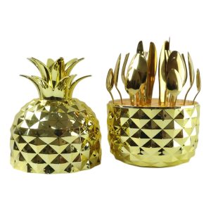 Stainless Steel Golden Cutlery Set with Pineapple Storage Stand (24 Pc Set)
