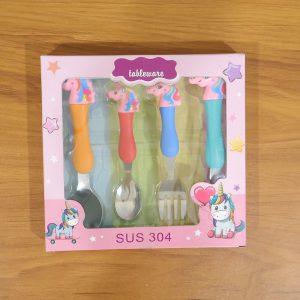 Unicorn Theme Kids Spoon and Fork With Plastic Handle Set (4 Pc Set)