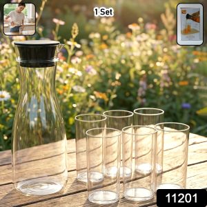 Prexo Plastic Water Jug and Drinking Glass Set (1 Jug 1000ML, 6 Glasses 300ML)