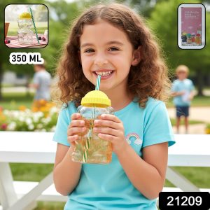 Cute Glass Bear Shape Kids Drinking Cup Bottle with Straw (1 Pc, 350 ML)