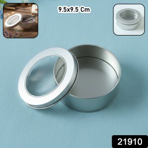 Round Metal Storage Tin Box with Transparent Window Lid (1 Pc, 9.5 x 9.5 Cm)