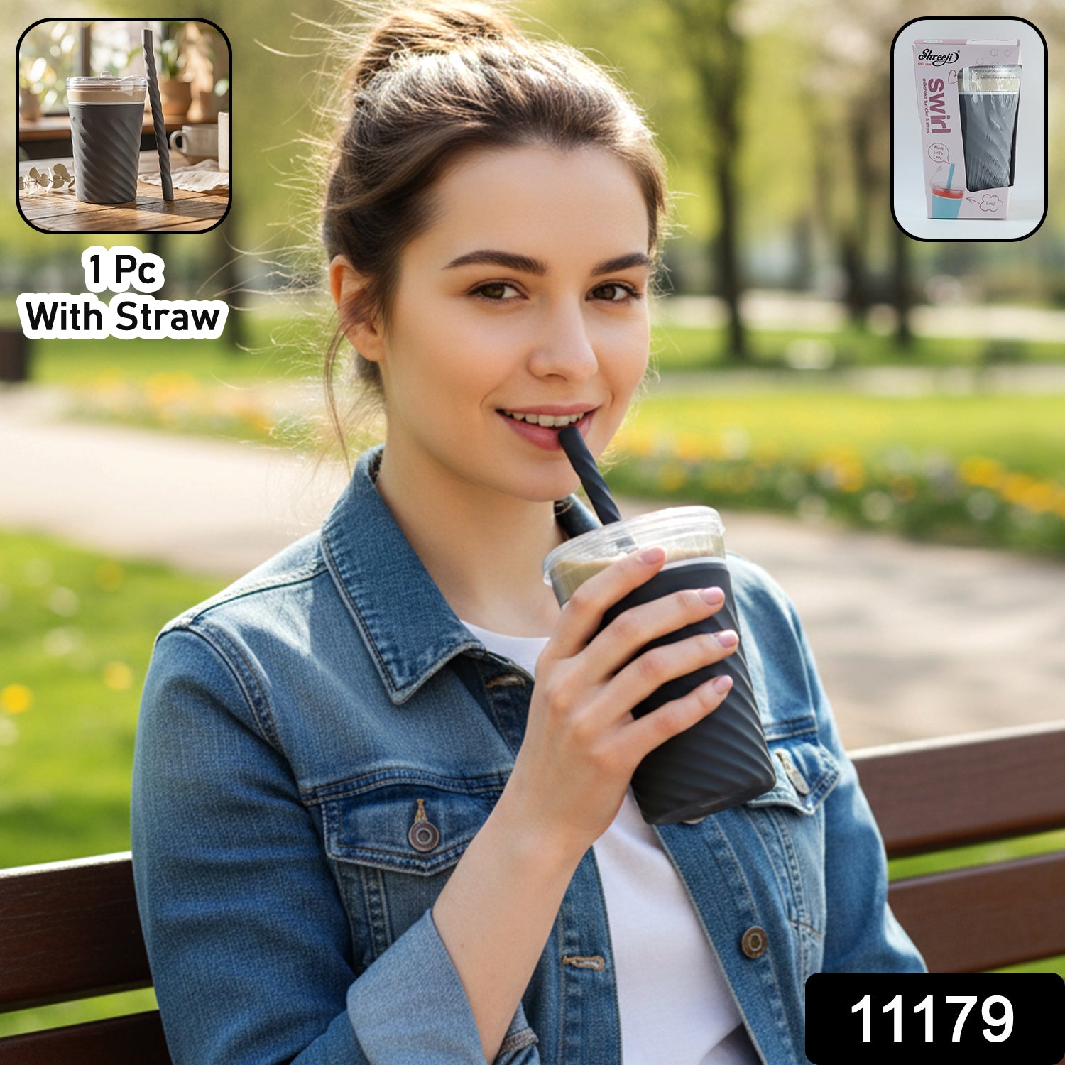 Swirl Design Drinking Tumbler Cup with Lid and Straw (1 Pc) - Image 2