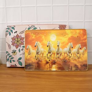 Seven White Running Horses Sunset Wall Art Frame
