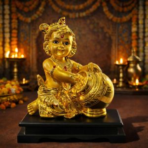 Bal Krishna Butter Pot Idol Golden Finish Statue for Home Temple Decor