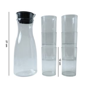 Prexo Plastic Water Jug and Drinking Glass Set (1 Jug 1000ML, 6 Glasses 300ML)