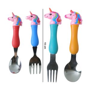 Unicorn Theme Kids Spoon and Fork With Plastic Handle Set (4 Pc Set)