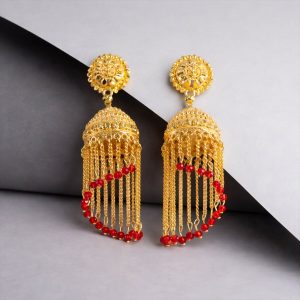 Traditional Gold Tone Tassel Jhumka Earrings Long Chain Drop Ethnic Earrings for Women