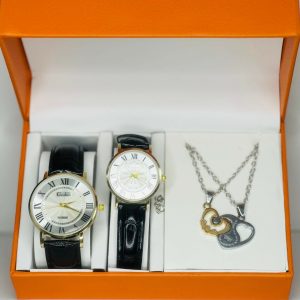 His and Hers Classic Watch and Pendant Combo – Gold Dial Quartz Watches with Black Straps and Matching Heart-Shaped Couple Necklaces – Perfect Gift for Lovers, Anniversaries, or Engagements