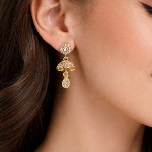 Gold-Tone Crystal Studded Floral Dome Drop Earrings for Women