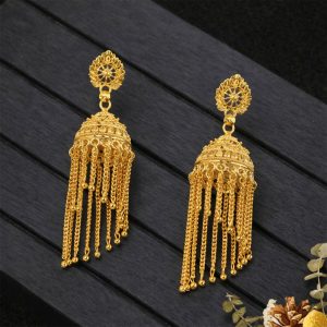 Traditional Gold Tone Chain Tassel Jhumka Earrings Long Ethnic Dangle Earrings for Women