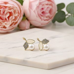 Luxury Korean Pearl Leaf Stud Earrings for Women & Girls – Premium Gold Plated Designer Jewellery