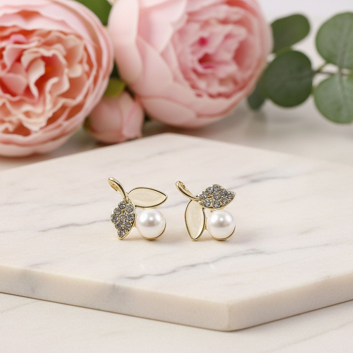 Luxury Korean Pearl Leaf Stud Earrings for Women & Girls – Premium Gold Plated Designer Jewellery