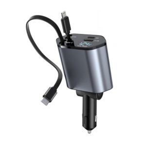 4-in-1 Super Fast Car Charger with Dual Built-In Cables, Dual USB Ports,
