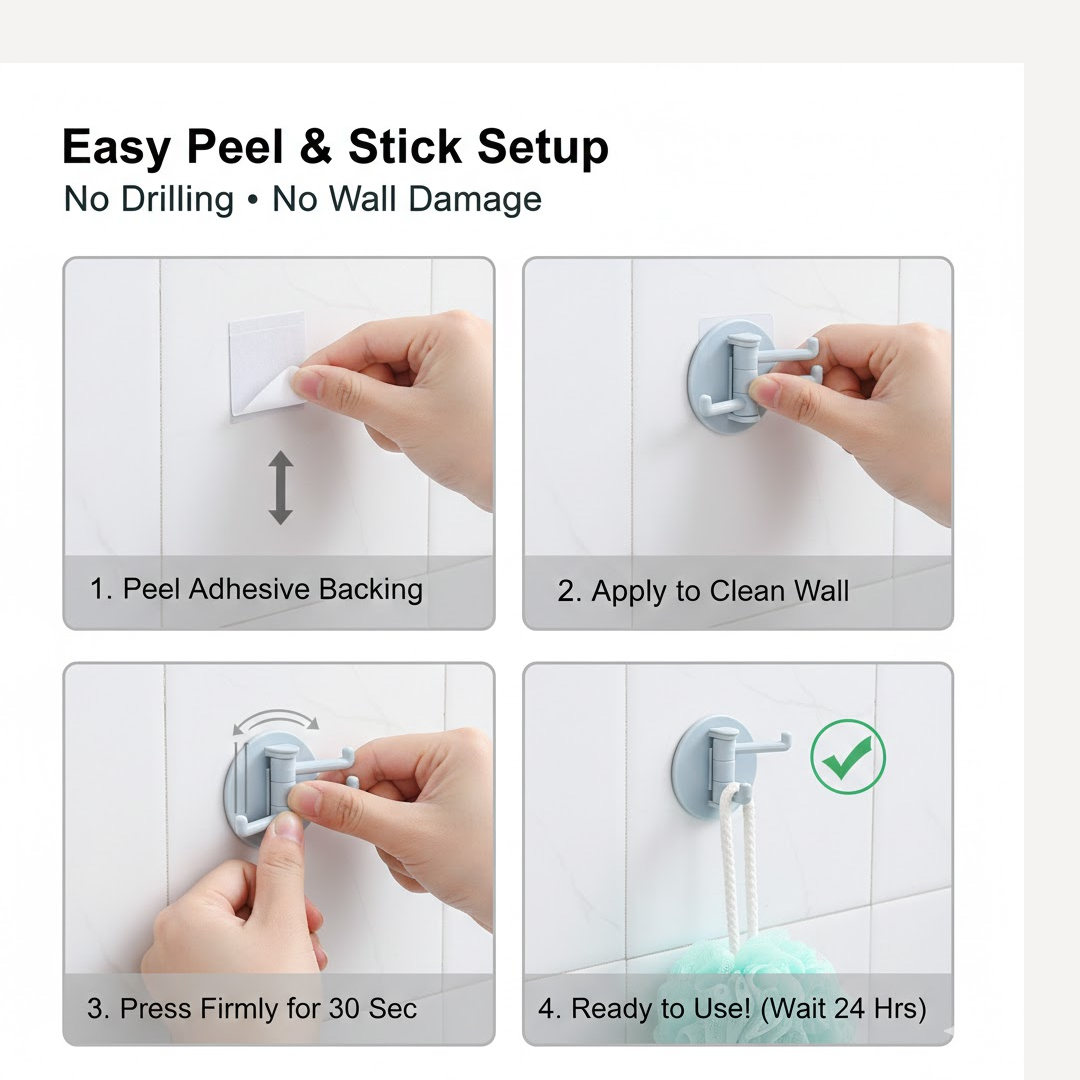 180° Rotating Punch-Free 3-Hook Sticky Hook – 1 Pc