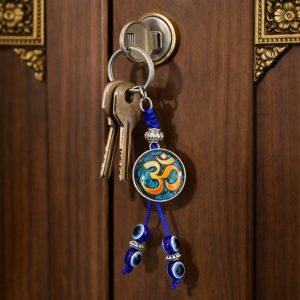 Om Evil Eye Keychain with Blue Beads for Car Keys, Bags & Gifting