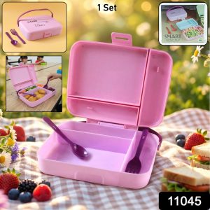 Smart Leak Proof Lunch Box with 3 Compartments and Spoon Set (1 Set)