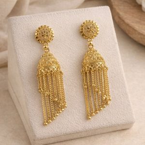 Traditional Gold Tone Long Tassel Jhumka Earrings Floral Stud Dome Drop Ethnic Earrings for Women
