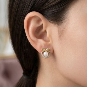 Korean Royal Bow-Knot Crystal Halo Pearl Studs For Girls And Women