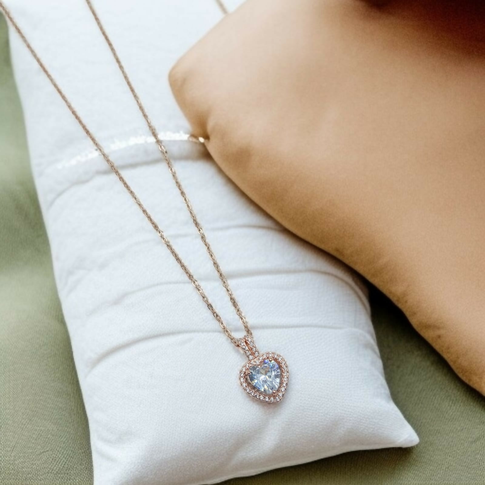 Crystal Inset Heart Charm on Rose Gold Chain And Pendal