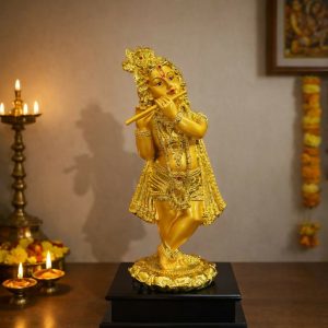 Lord Krishna Flute Idol Golden Finish Statue for Home Temple Decor
